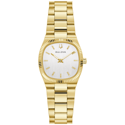 A Bulova women's watch featuring a polished yellow gold metal bracelet, a fluted bezel, and a white dial with gold-tone indices.