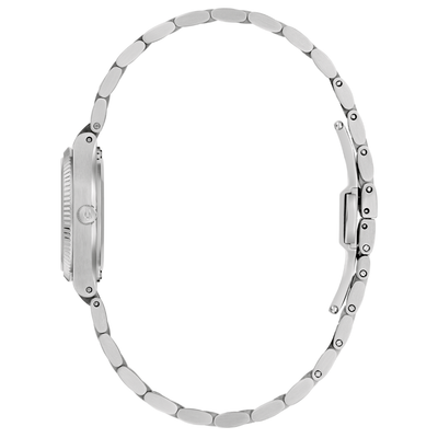 Silver stainless steel watch band with a side profile view, showing the textured bezel, crown, and clasp details on a white background.
