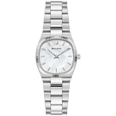 A Bulova women's stainless steel watch with a round silver-tone case, a white mother-of-pearl dial, and a matching steel link bracelet, shown against a plain white background.