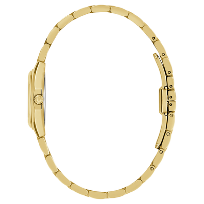 A gold-tone metal watch band shown from the side profile against a solid white background.