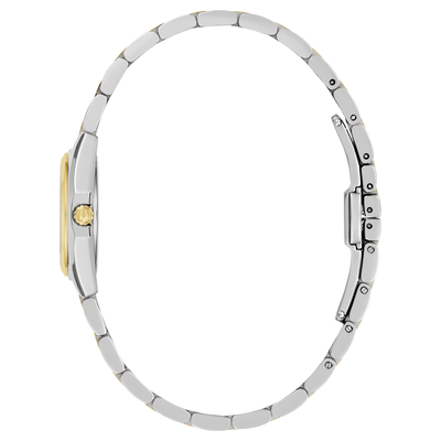 A close-up side view of a two-tone metal watch with a silver-toned link bracelet and a gold-toned case detail, shown against a plain white background.
