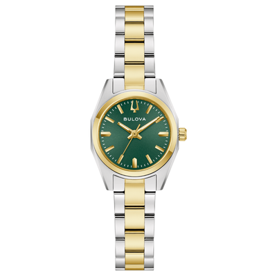 A Bulova women's watch featuring a two-tone silver and gold metal bracelet, a gold bezel, and a dark green dial with gold-tone hands and hour markers.
