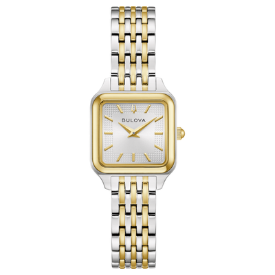 A Bulova women's watch with a square two-tone stainless steel and gold case, featuring a textured white dial with gold markers and a matching two-tone link bracelet.