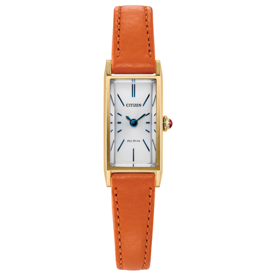 Citizen Eco-Drive women's watch featuring a gold-tone rectangular case, a white dial with blue hands and hour markers, and an orange-brown leather strap.