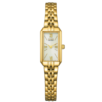Gold wristwatch with a white face on a white background