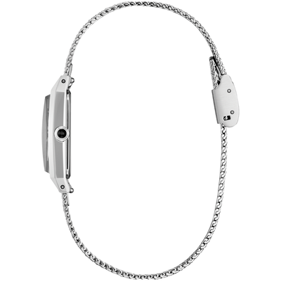 Silver stainless steel watch band with a multi-link chain design and a matching metal clasp, shown from a side profile view on a white background.