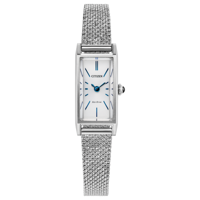 Citizen women's watch with a rectangular silver-tone case, white dial with blue details, and a silver mesh bracelet, shown on a plain white background.