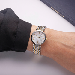 Silver and gold watch on a wrist with a blurred 'HERBELIN' book in the background