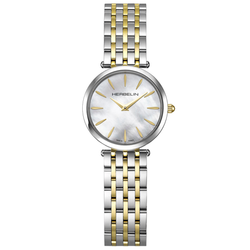 A HERBELIN women's analog watch featuring a two-tone silver and gold stainless steel link bracelet, a round silver case, and a white mother-of-pearl dial with gold-tone hands and stick indices.