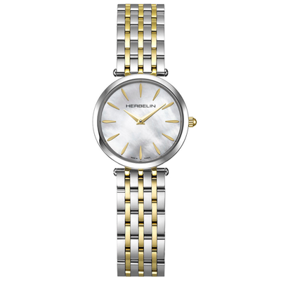 A HERBELIN women's analog watch featuring a two-tone silver and gold stainless steel link bracelet, a round silver case, and a white mother-of-pearl dial with gold-tone hands and stick indices.