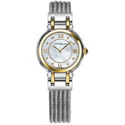 A Herbelin women's watch featuring a two-tone silver and gold stainless steel case, a white mother-of-pearl dial with gold Roman numerals, and a textured silver cable mesh bracelet.