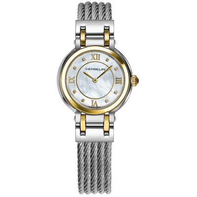 A Herbelin women's watch featuring a two-tone silver and gold stainless steel case, a white mother-of-pearl dial with gold Roman numerals, and a textured silver cable mesh bracelet.