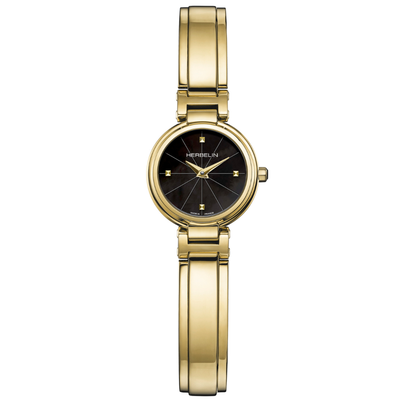 A gold-tone stainless steel bangle watch with a round black dial and gold-tone hands and markers, shown against a plain white background.