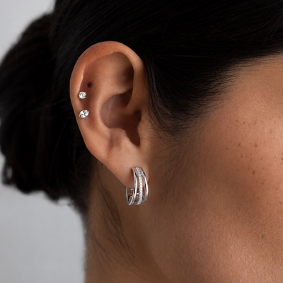 Silver Triple Row CZ Hoops