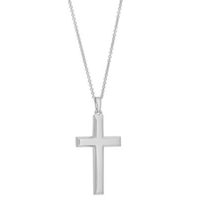 Silver cross pendant on a chain against a white background