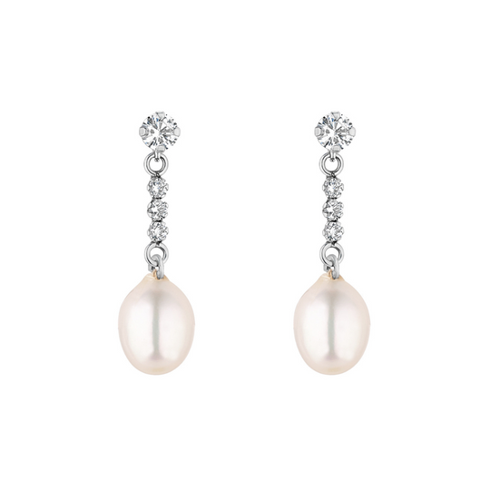 9ct White Gold Pearl CZ Drops