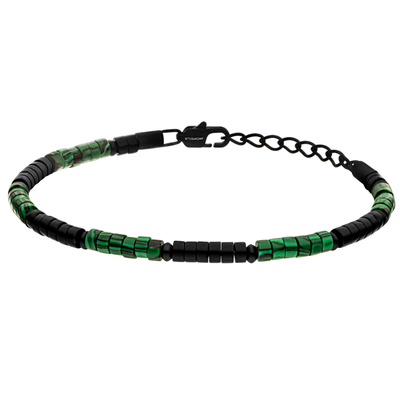 Necklace with green and black beads on a white background