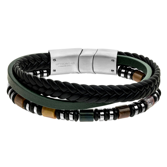 Steelwear Stone Bead & Green Leather Bracelet