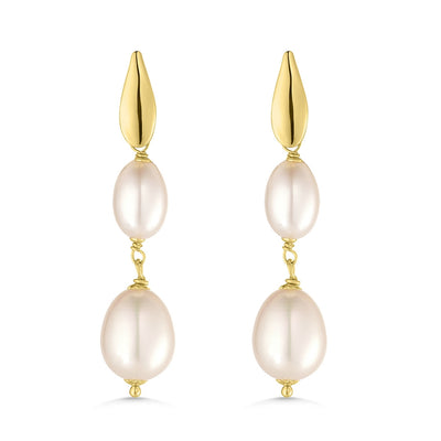 A pair of gold drop pearl earrings with two pearls stacked together and 18ct yellow gold detailing.