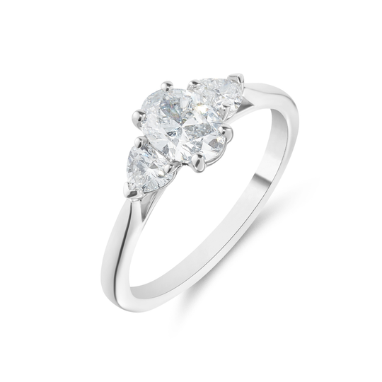 Platinum Oval & Pear Cut Diamond Trilogy Ring