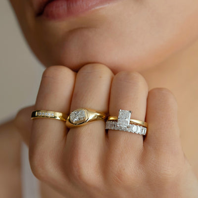 Model wearing East-West Radiant Cut Engagement Ring,  Radiant Cut Engagement Ring and Baguette Cut Diamond Wedding Ring
