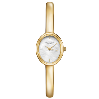 Gold wristwatch with a white face on a white background