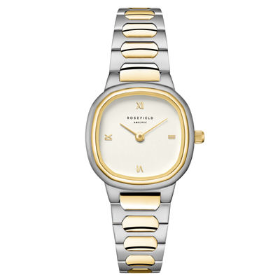 Two-tone watch with gold and silver band on a white background