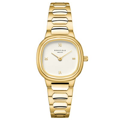 Gold watch with a white face on a white background