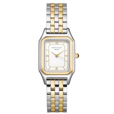 Two-tone watch with silver and gold band on a white background
