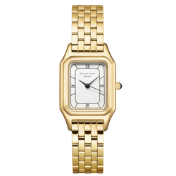 Gold wristwatch with a white face on a white background
