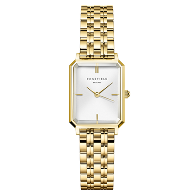 Gold watch with a white face on a white background