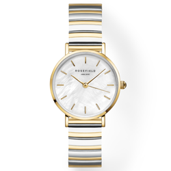 Rosefield watch with gold case and striped band on a white background
