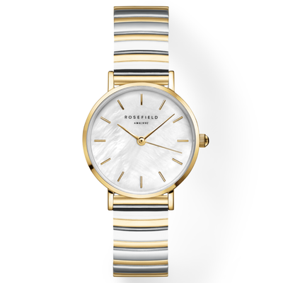 Rosefield watch with gold case and striped band on a white background