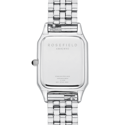 Silver watch with a metallic band on a white background, featuring the brand 'Rosefield'.