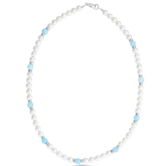 Silver Pearl & Aqua Bead Necklace