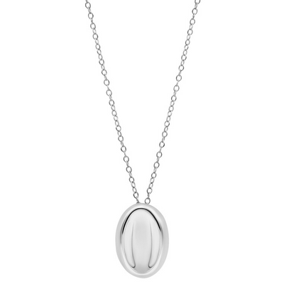 Silver necklace with a round pendant on a white background