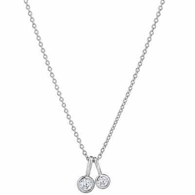 A silver chain necklace with a double-stone pendant featuring two round-cut clear gemstones in silver bezel settings, shown against a plain white background.