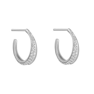 Silver hoop earrings with embedded stones on a white background