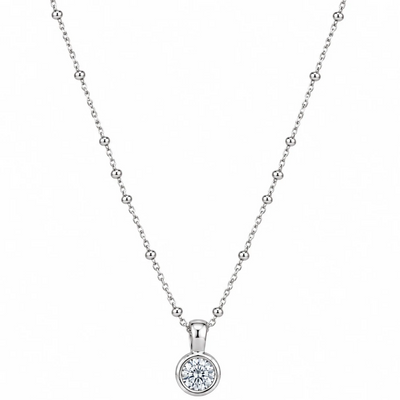 A silver necklace featuring a delicate chain with small spherical beads spaced along the way and a round bezel-set clear gemstone pendant, shown against a plain white background.