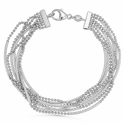 A multi-strand silver chain bracelet featuring a combination of fine twisted chains, beaded strands, and a lobster clasp closure, shown on a plain white background.