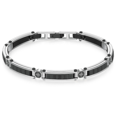 Silver bracelet with black accents on a white background