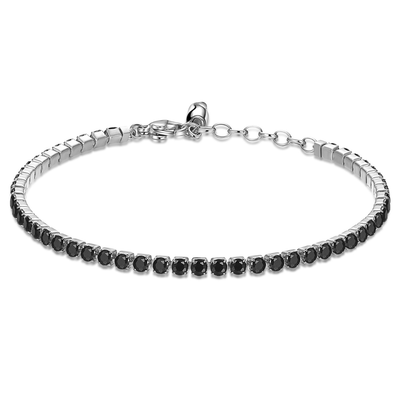 Silver bracelet with black stones on a white background