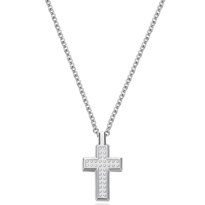 Silver cross pendant necklace on a white background