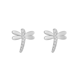 Silver dragonfly-shaped earrings on a white background