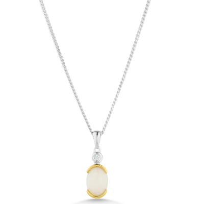 Necklace with a pendant featuring a white stone and gold border on a white background