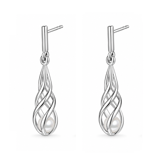 Sterling Silver Twirl Pearl Drop Earrings
