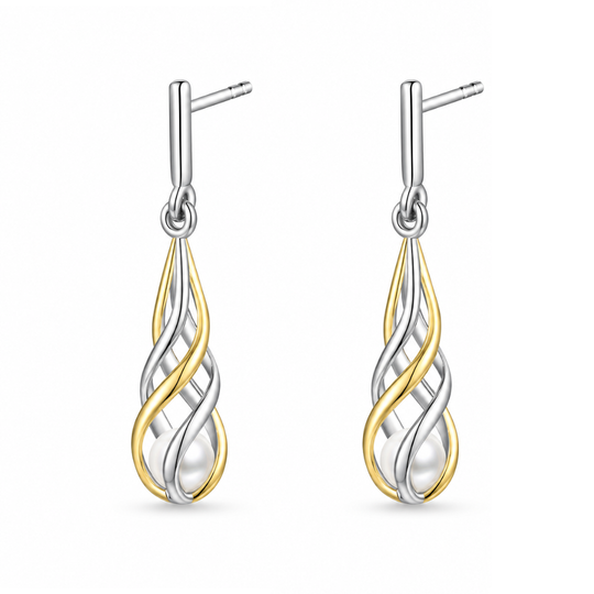 Sterling Silver Two Tone Twirl Pearl Drop Earrings