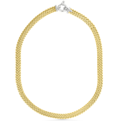 Gold mesh necklace on a white background