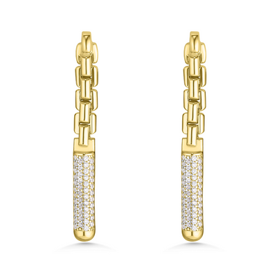 Gold chain-link earrings with embedded diamonds on a white background