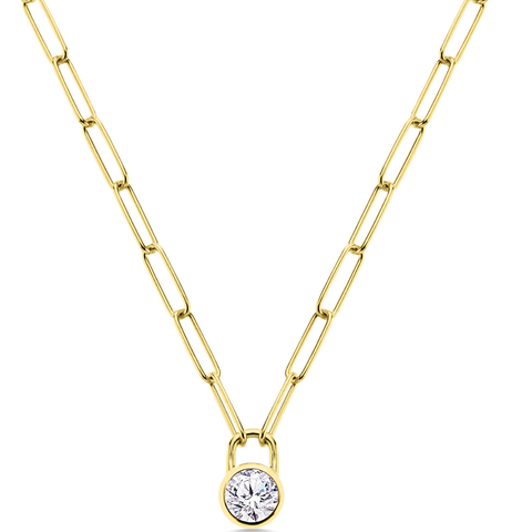 Gold necklace with a round pendant on a white background